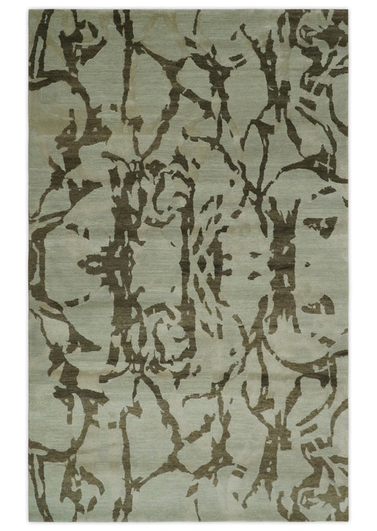 Abstract Handloom Beige and Brown 5x8 ft Bedroom, Living Room Rug Wool and Art Silk Area Rug