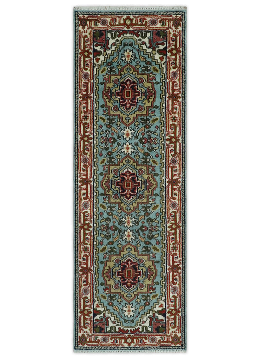 Hand Knotted Heriz Serapi Rug Aqua, Blue and ivory Ideal for Living, Bedroom, and Dining Rooms Multi Size Wool Rug | CP1914