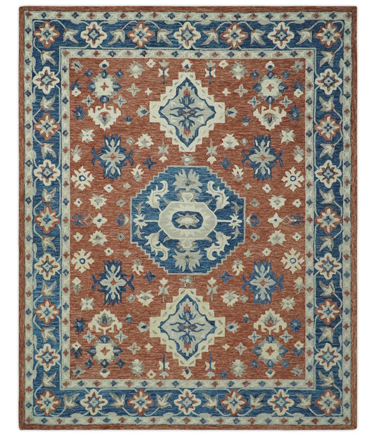 Custom Made Traditional Motifs Rust, Blue, And Ivory Hand Tufted Wool Area Rug