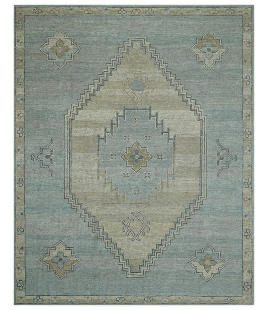 Custom Made Blue and Beige Traditional Turkish Design Hand Knotted Wool Area Rug