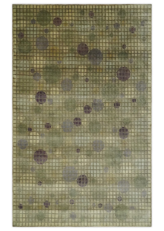 Modern Geometrical Pattern Hand Knotted Olive 5x8 ft Bedroom, Living Room Rug , Wool and Viscose Area Rug AAOC1258