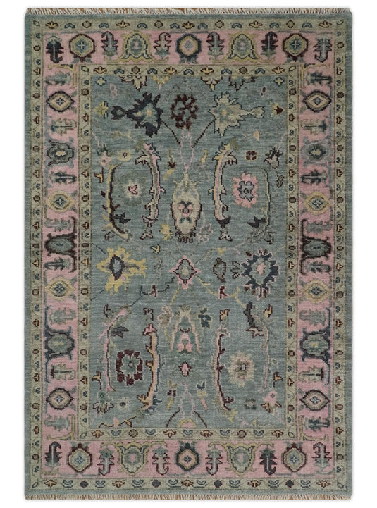 Blue and Pink Traditional Persian Oushak Hand Knotted 5x8, 6x9, 8x10, 9x12, 10x14 Wool Rug, Living Room | CP693S