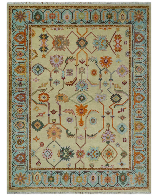 Traditional Oriental Colorful Oushak Hand knotted Beige and Aqua 9x12 ft Bedroom, Living Room Rug ,wool Area Rug