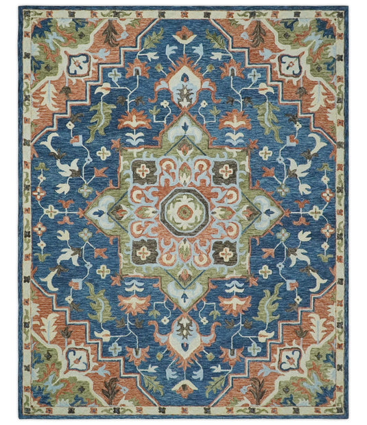 Custom Made Medallion Blue, Rust, Olive And Ivory Hand Tufted Wool Area Rug