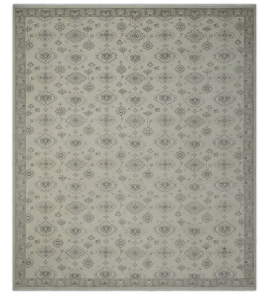 Custom Made Modern Geometrical Gray And Ivory Hand Knotted Wool Area Rug