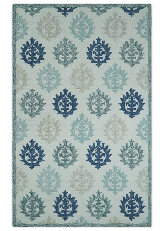 Custom Made Ivory, Blue, Teal And Beige Traditional Ikat Pattern Hand Tufted Wool Area Rug