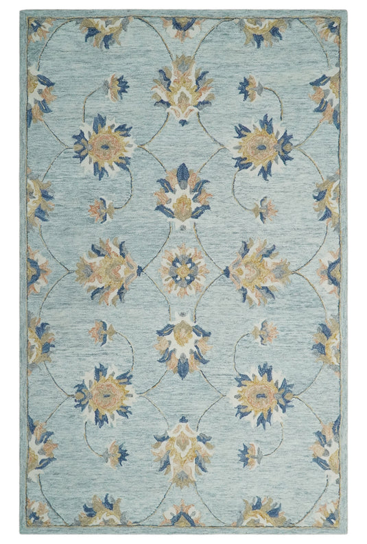 Custom Made Gray, Peach, Ivory And Blue Traditional Floral Hand Tufted Wool Area Rug