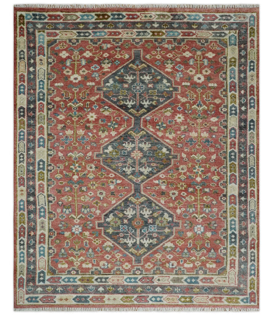 Custom Made Rust, Charcoal, Ivory And Teal Persian Hand Knotted Wool Area Rug