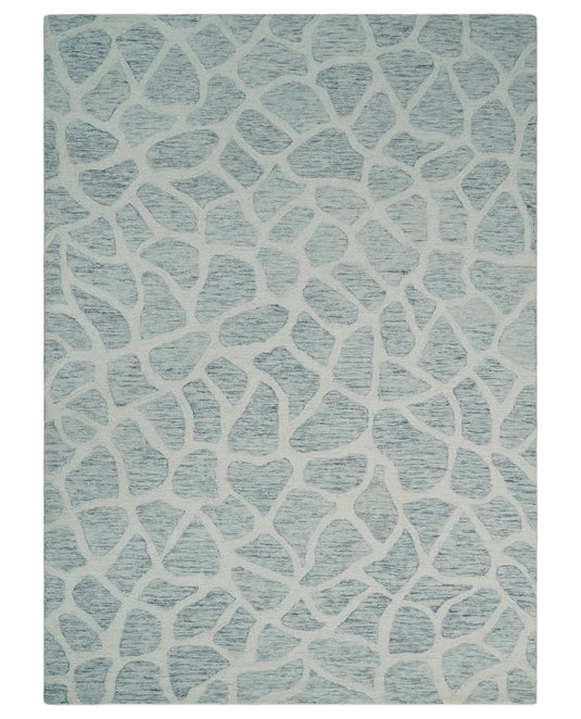 Custom Made Ivory, Gray And Blue Giraffe Pattern Hand Tufted Wool Area Rug