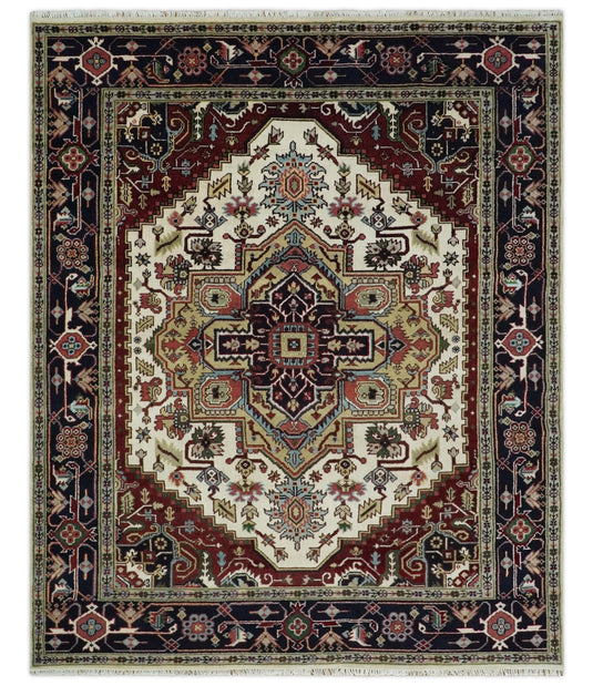 Hand Knotted Heriz Serapi Rug Ivory and Blue 3x5, 4x6,8x10, 9x12 ft Ideal for Living, Bedroom, and Dining Rooms | CP1858810