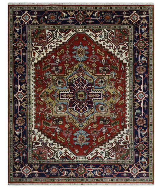 Hand Knotted Heriz Serapi Rug Rust and Blue 8x10 ft Ideal for Living, Bedroom, and Dining Rooms | CP1859810S