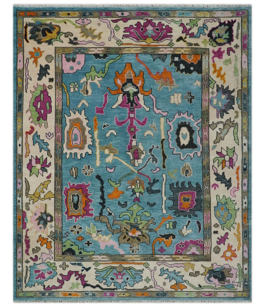 Hand Knotted Oriental Oushak Colorful Rug Blue and Beige 3X5 4X6 8X10 9X12 10X14 12X15 Ideal for Living, Bedroom, and Dining Rooms |