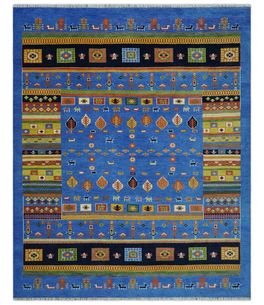 Hand Knotted Traditional Antique Gabbeh Rug Vibrant Blue and Black 8x10 ft Ideal for Living, Bedroom, and Dining Rooms | CP1862810S