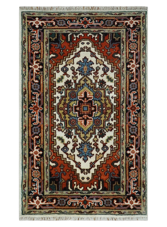 Hand Knotted Heriz Serapi Rug Ivory and Blue 3x5, 4x6,8x10, 9x12 ft Ideal for Living, Bedroom, and Dining Rooms | CP1858810