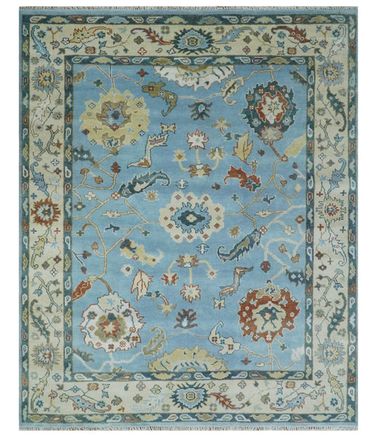 Hand Knotted Oriental Oushak Rug Blue and Beige 8x10 ft Ideal for Living, Bedroom, and Dining Rooms | CP1909810S