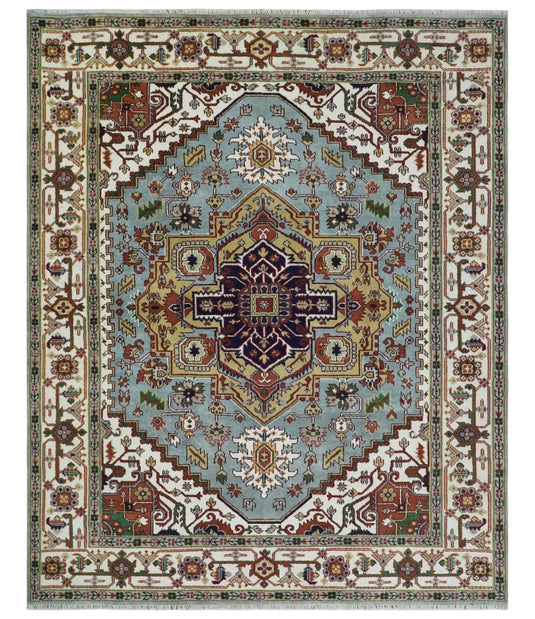 HandKnotted Heriz Serapi Rug Silver and Ivory 9x12 ft Ideal for Living, Bedroom, and Dining Rooms | CP1920912S