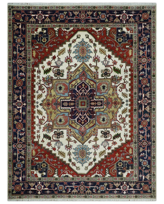 Hand Knotted Heriz Serapi Rug Ivory and Blue 3x5, 4x6,8x10, 9x12 ft Ideal for Living, Bedroom, and Dining Rooms | CP1858810