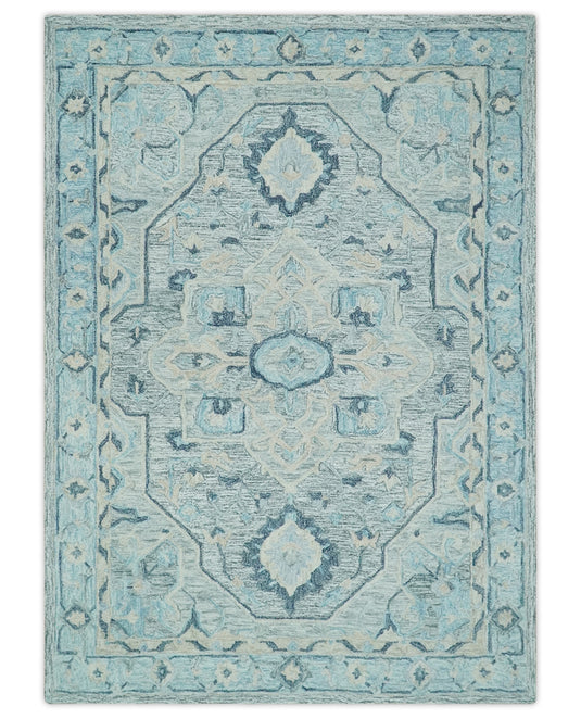 Custom Made Gray, Blue, Aqua And Beige Traditional Medallion Pattern Hand Tufted Wool Area Rug