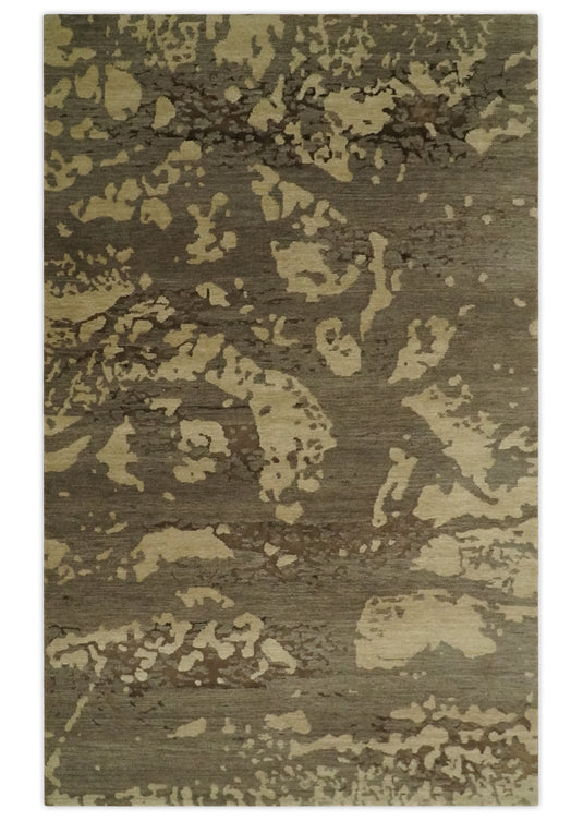 Abstract Handloom Brown and Beige 5x8 ft Bedroom, Living Room Rug Wool and Art Silk Area Rug