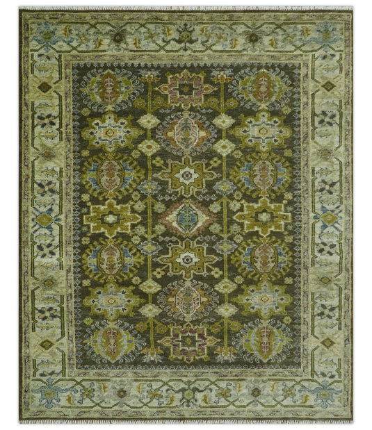 Custom Made Traditional Vintage Style Earthy Green and Silver Hand Knotted Wool Rug Wool Area Rug