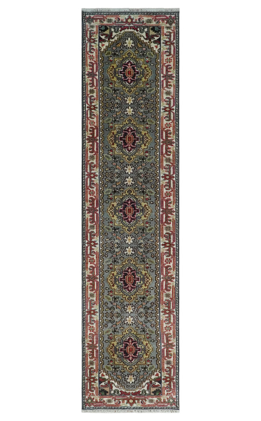 Hand Knotted Heriz Serapi Rug Grey and Ivory 2.6x12 ft Runner Ideal for Living, Bedroom, and Dining Rooms | CP18832612