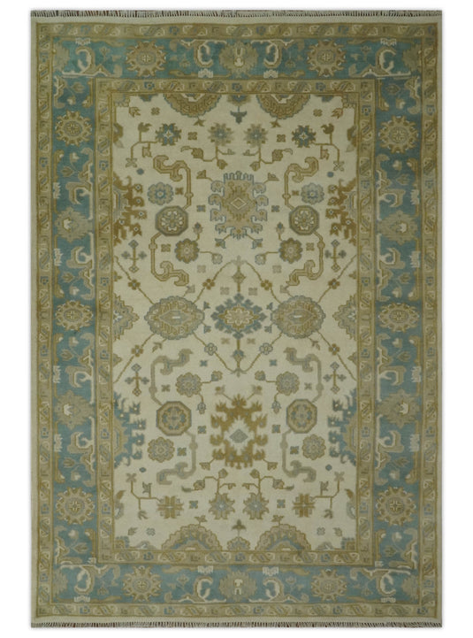 Custom Made Hand Knotted Oushak Cream, Beige, Ivory, Blue And Gold Wool Area Rug