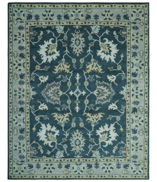 Custom Made Traditional Floral Pattern Dark Teal, Beige, Silver and Ivory Hand Knotted wool Area Rug