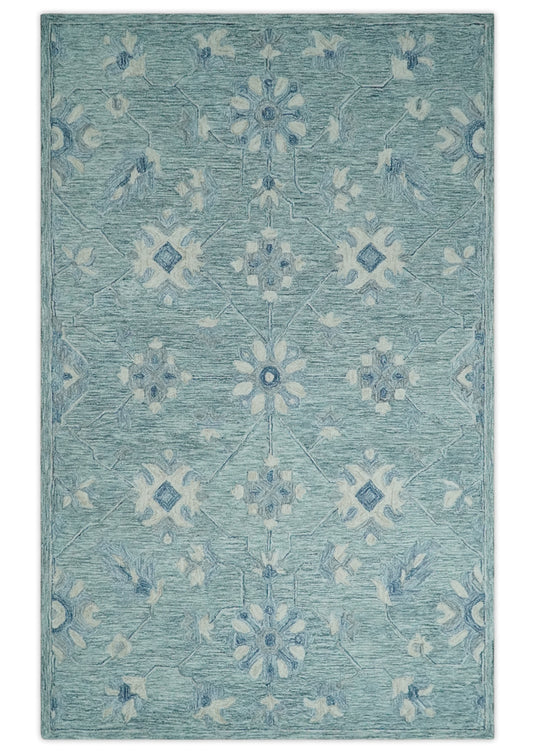 Custom Made Floral Pattern Blue, Ivory And Aqua Hand Tufted Wool Area Rug