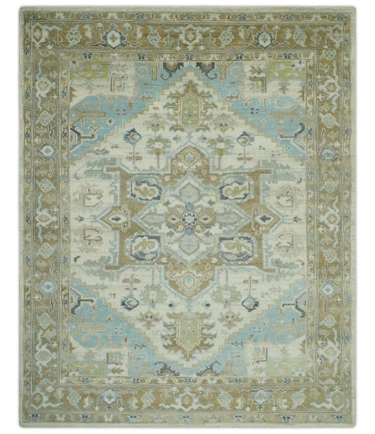 Traditional Pattern Light Blue, Beige and Ivory Hand Knotted 8x10 ft wool Area Rug