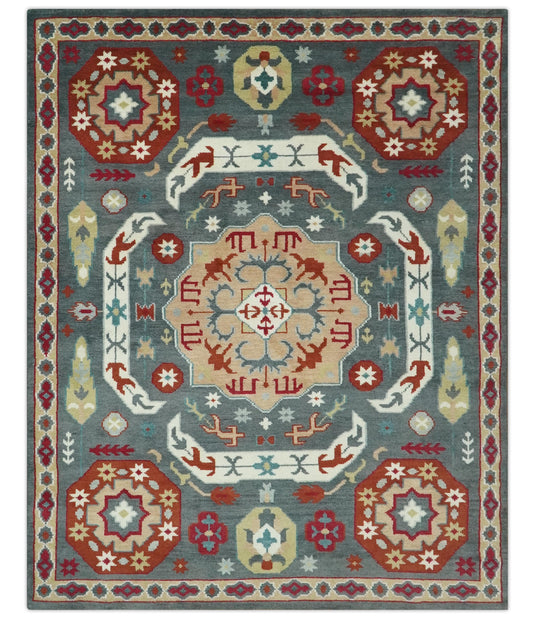 Custom Made Geometrical Pattern Gray, Light Peach, Ivory And brown Hand Knotted  Wool Area Rug