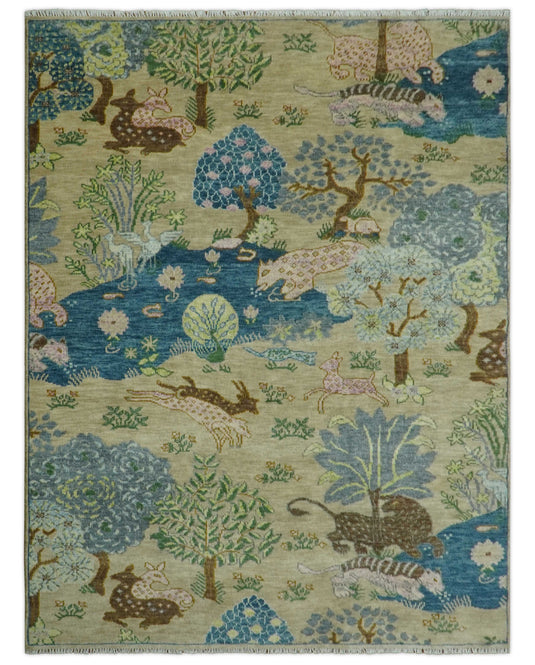 Custom Made Nature Vintage Style Beige And Blue Hand Knotted Wool Area Rug