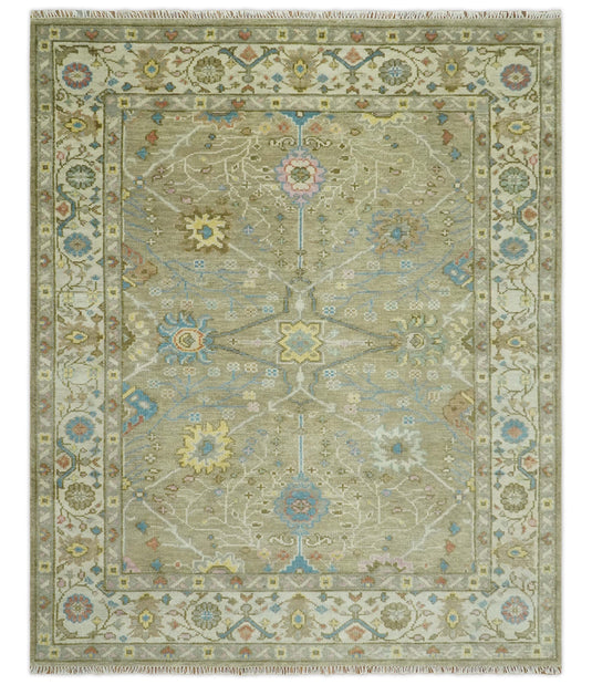 Custom Made Hand Knotted Olive, Blue And Yellow Traditional Floral Wool Area Rug