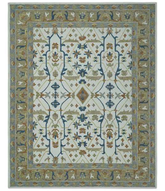 Custom Made Traditional Pattern Brown, Blue, Silver, And Ivory Hand Tufted Wool Area Rug