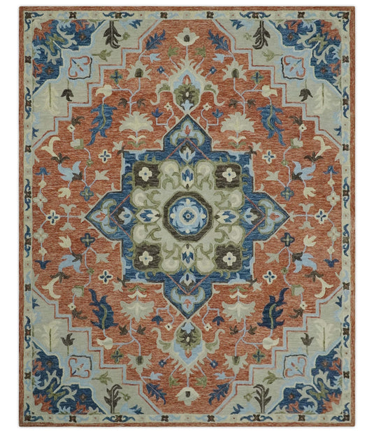 Custom Made Traditional Floral Beige, Blue, Green And Rust Hand Tufted Wool Area Rug