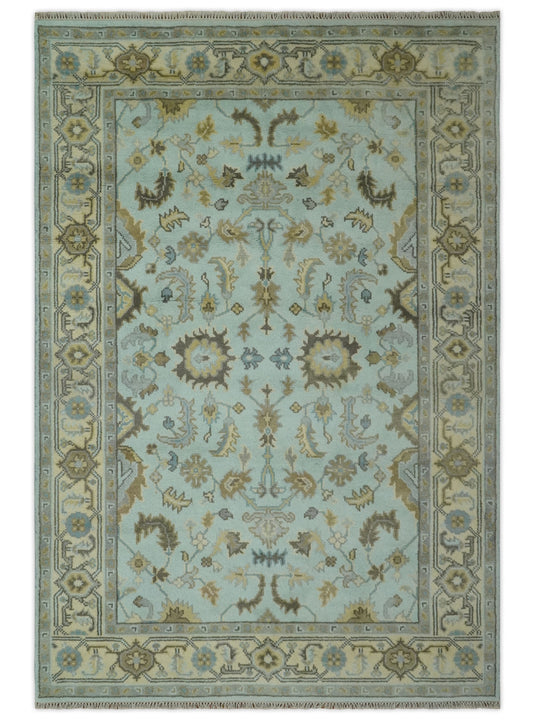 Custom Made Hand Knotted Traditional Floral Aqua, Beige, Gray And Charcoal Wool Area Rug