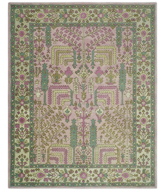 Tree Of Life Light Pink, Ivory, Beige And Green Hand Tufted 8x10 ft Bedroom, Living Room Rug Wool Area Rug