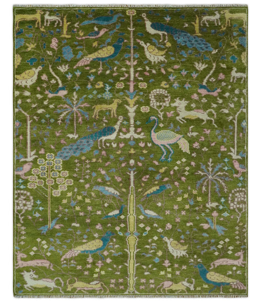 Green, Teal and Peach Jungle Life Peacock Bird Hand Knotted 6x6R, 8x10 ft Wool Rug, Living Room | CP2201