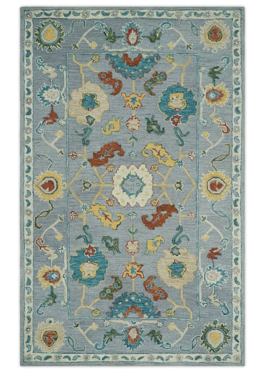 Custom Made Traditional Gray, Ivory, Yellow And Teal Hand Tufted  Wool Area Rug