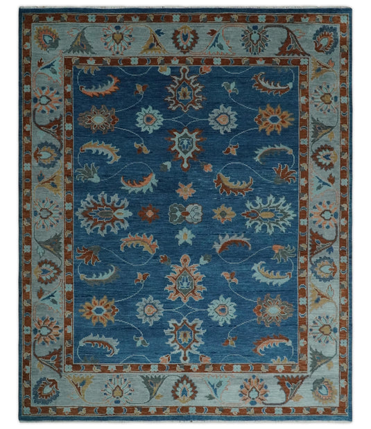 Custom Made Traditional Floral Oushak Hand Knotted Blue, Gray, Silver, Maroon And Peach Wool Area Rug