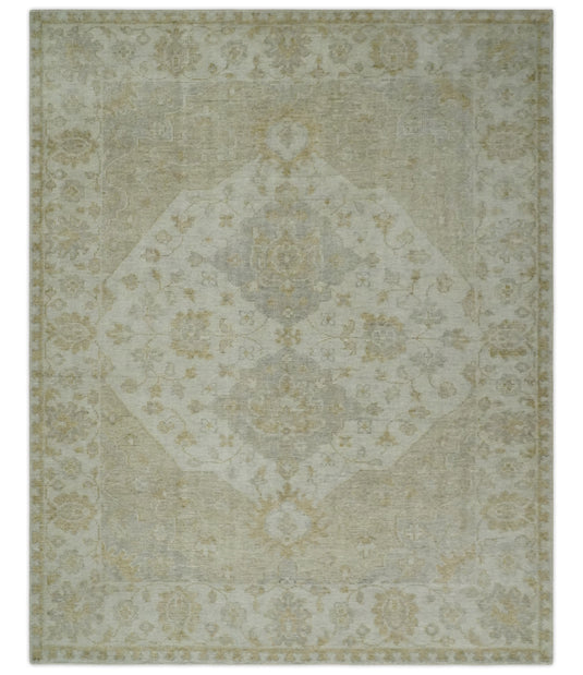 Custom Made Traditional Floral Pattern Ivory And Brown Hand Knotted Wool Area Rug