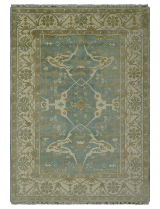 Hand Knotted Oriental Oushak Beige, Blue And Ivory Wool Rug 6x8.6 ft Ideal for Living, Bedroom And Dining Rooms | CP2360686