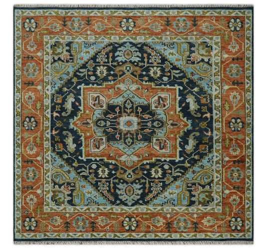 Hand Knotted Heriz Serapi Rug Rust and Blue Multi Size Ideal for Living, Bedroom, and Dining Rooms | CP1800