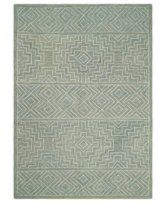 Custom Made Geometrical Beige And Ivory Hand Tufted Wool Area Rug