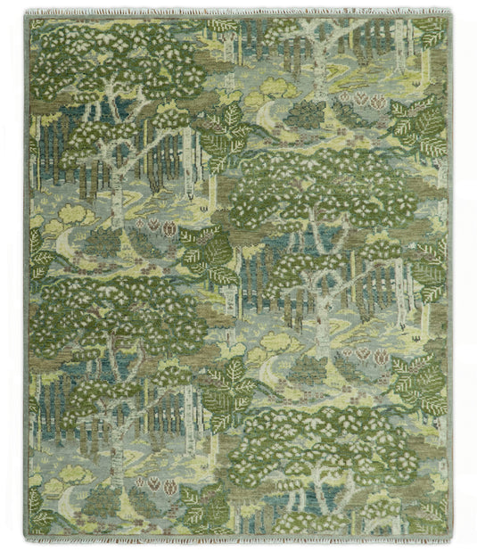 Custom Made Nature Theme Green And Gray Hand Knotted Wool Area Rug