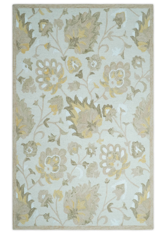 Custom Made Floral Pattern Silver, Olive, Beige And Yellow Hand Tufted Wool Area Rug