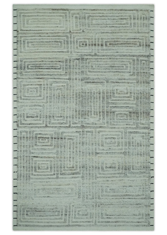 Custom Made Modern Maze Pattern Gray And White Hand Knotted Wool Area Rug