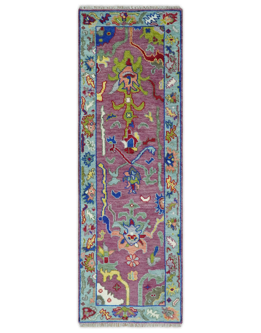 Vibrant Pink and Blue Hand knotted Coloful Oushak Multi Size wool Area Rug