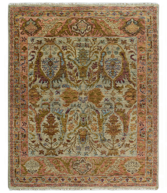 Beige, Peach And Green Transition Hand Knotted 8x10 ft Wool Rug Ideal for Living, Bedroom And Dining Rooms