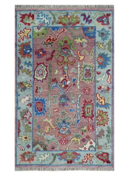 Vibrant Pink and Blue Hand knotted Coloful Oushak Multi Size wool Area Rug