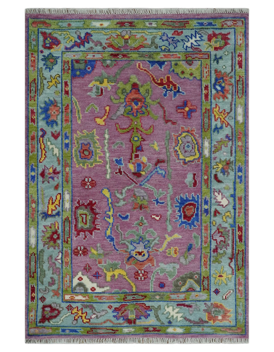 Vibrant Pink and Blue Hand knotted Coloful Oushak Multi Size wool Area Rug